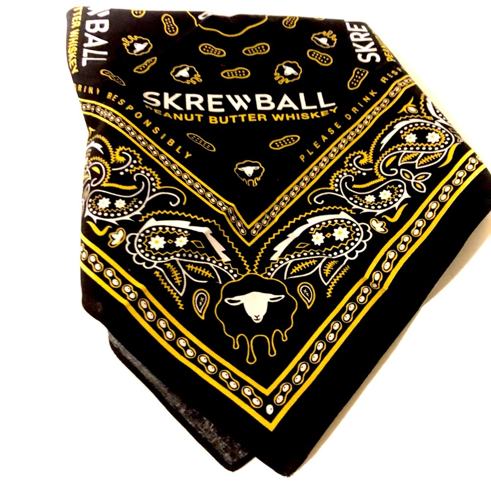 Skrewball peanut butter whiskey, black, white and yellow bandana